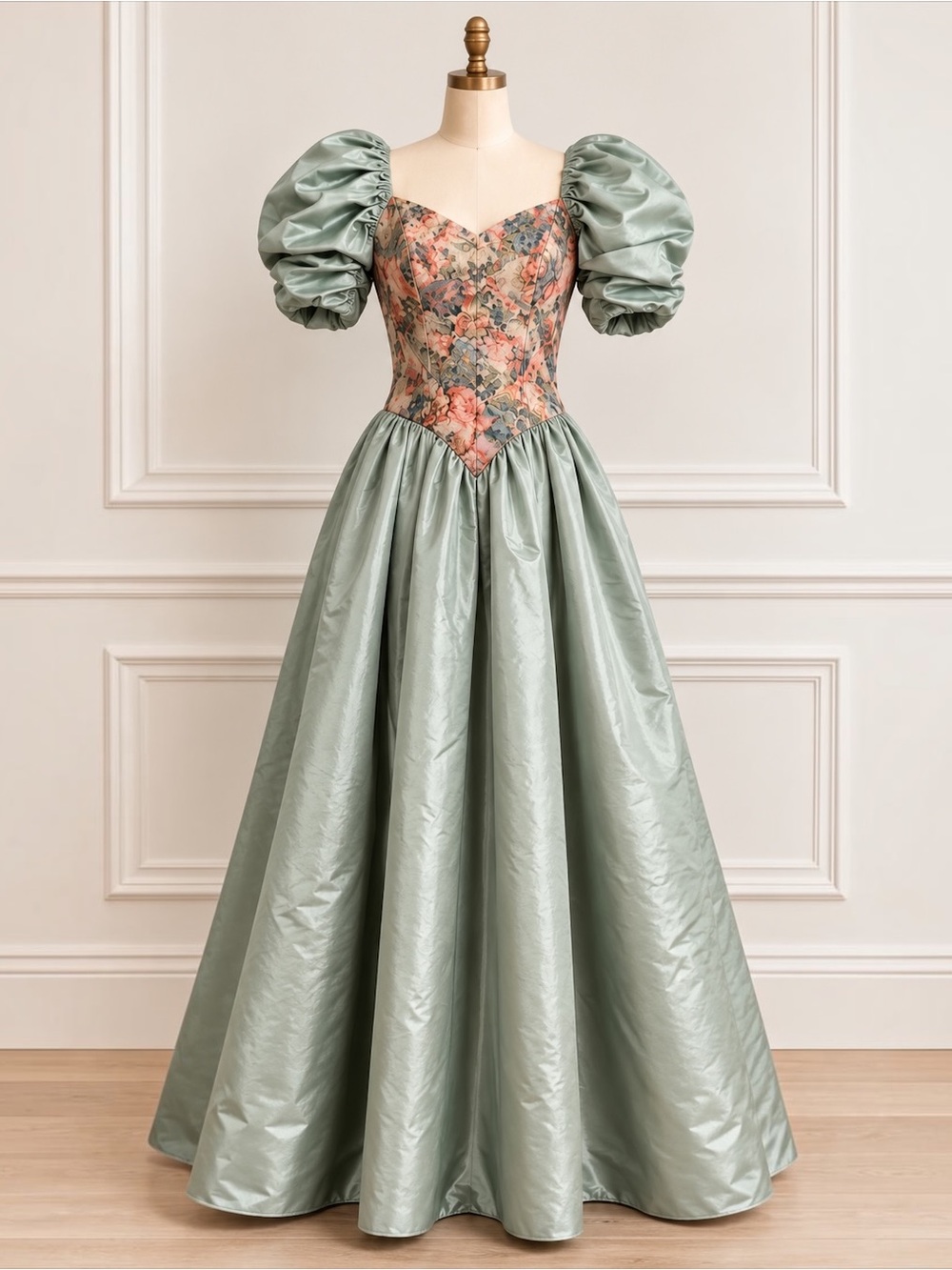 Rare Vtg House of Bianchi
Statement Dress Floral Brocade
Puff Sleeves Sage Green - Picture 2 of 11